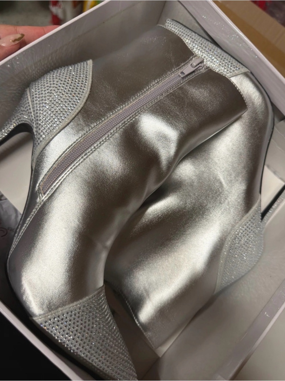 Silver Metallic Women's calf  boots with Crystal Accents